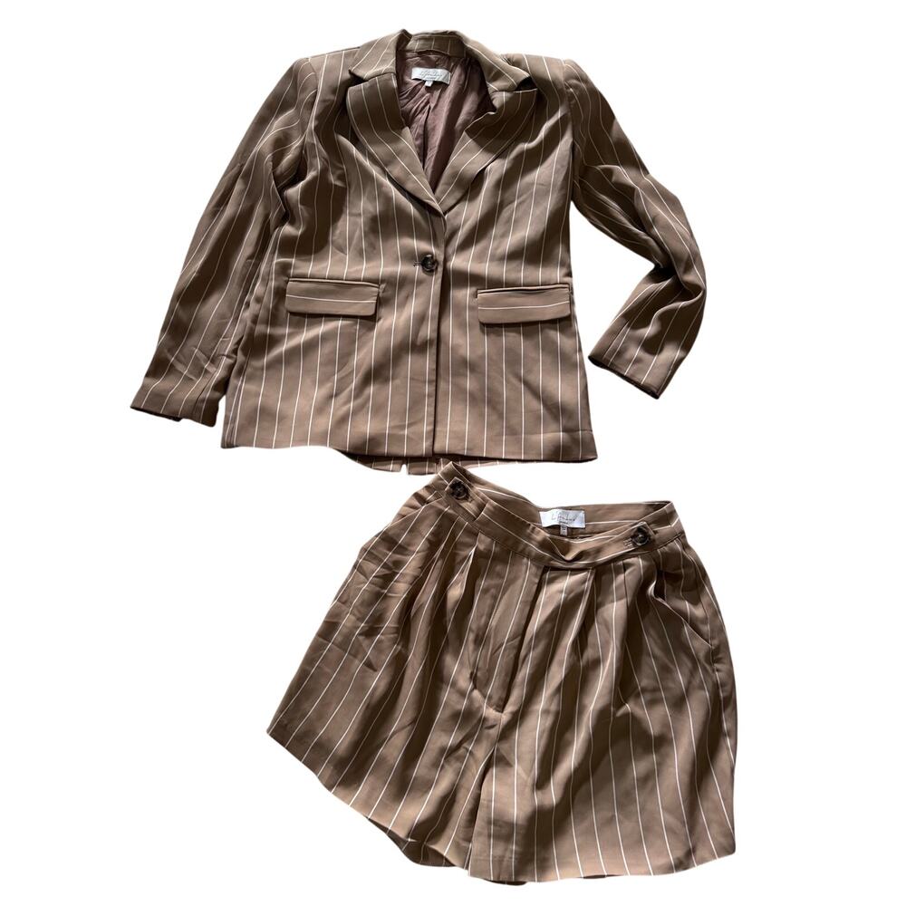 Revolve L' Academie LA Tan & White Stripe XS Blazer & S Pleated Short Suit Set